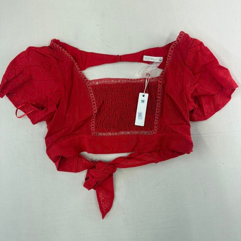 O. Vianca Red Eyelet Tie Front Puff Sleeve Crop Top Women's Medium NWT